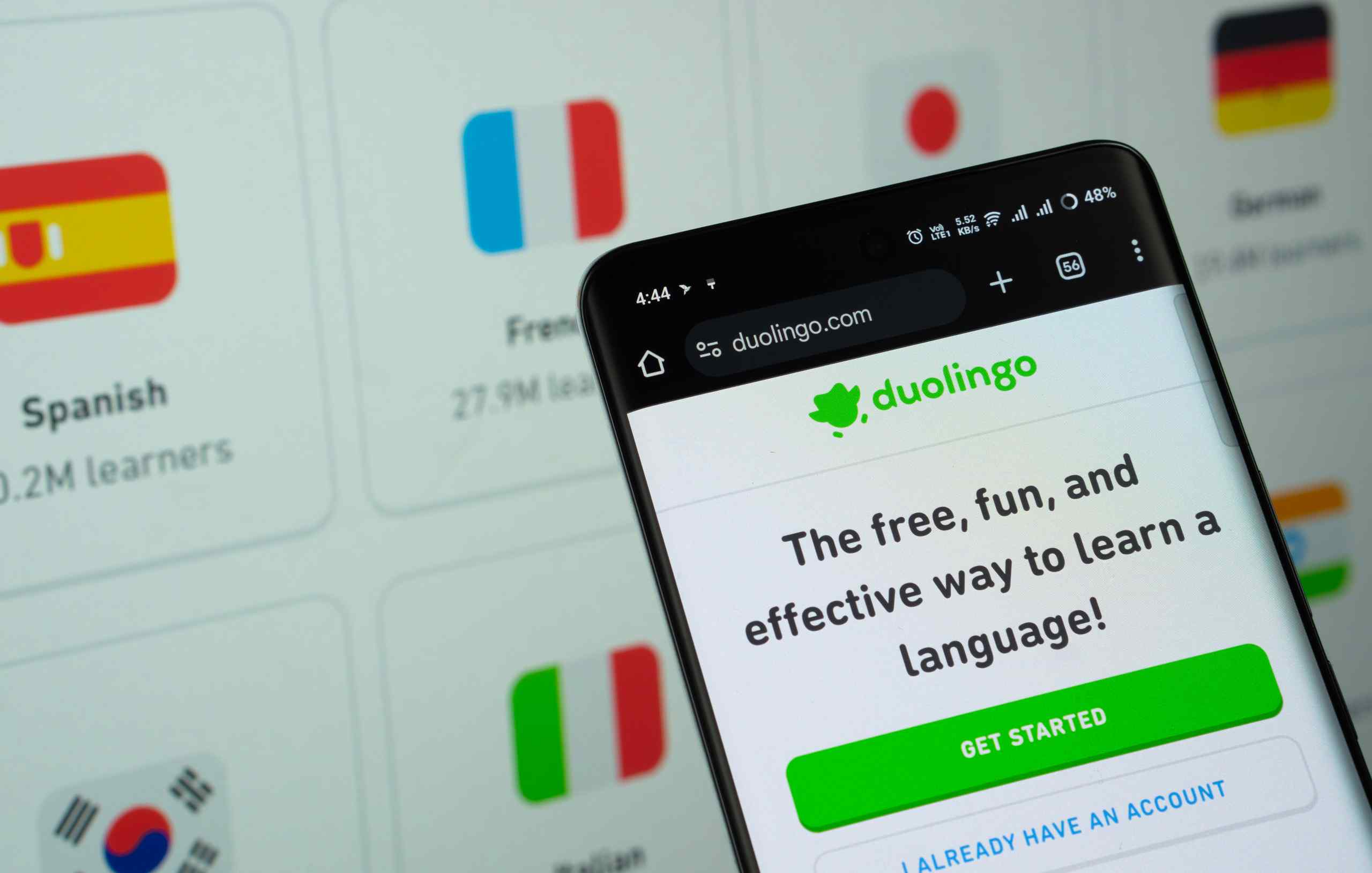 A phone that showcases the Duolingo app